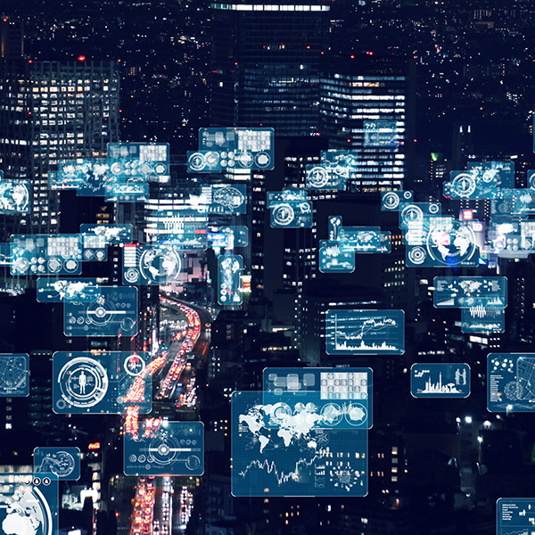 Graphic of information being transferred in front of a city landscape